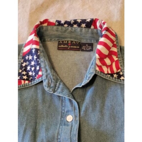 Vintage American Flag Denim Shirt Size Medium Fringe Trim Patriotic - Picture 2 of 12